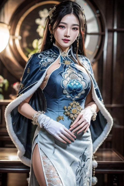 highres,absurdres,masterpiece,best quality,original,extremely detailed CG,extremely detailed wallpaper,perfect lighting,standing on the stage,looking at viewer,blurry background,bare hands,1girl,guqinghan,cangyugezhu,chinese clothes,china theme,blue dress,white lace trimgloves,fur trim,side slit,cape,shawl,