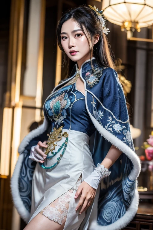 highres,absurdres,masterpiece,best quality,original,extremely detailed CG,extremely detailed wallpaper,perfect lighting,standing on the stage,looking at viewer,blurry background,bare hands,1girl,guqinghan,cangyugezhu,chinese clothes,china theme,blue dress,white lace trimgloves,fur trim,side slit,cape,shawl,