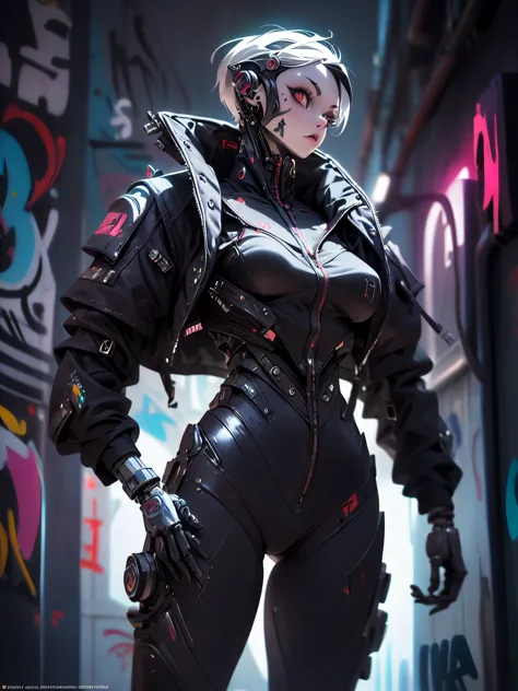 Hint for this topic: (One cyborg girl, Harajuku jacket, tight-fitting overalls, cyberpunk ((combat armor)), (graffiti: 1.5), sta...