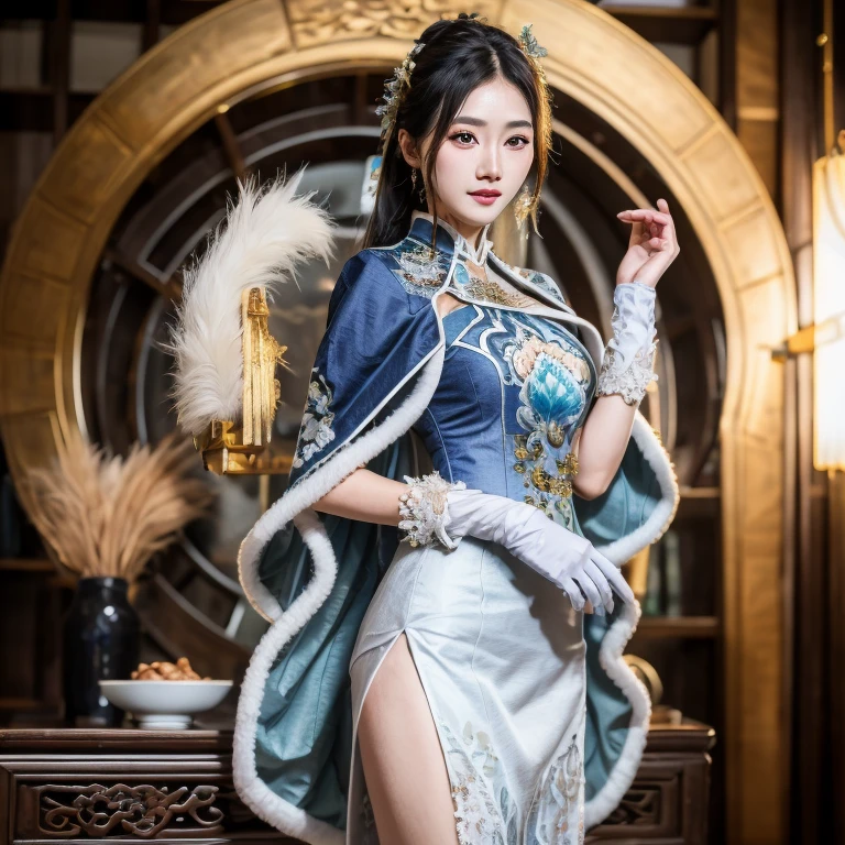 highres,absurdres,masterpiece,best quality,original,extremely detailed CG,extremely detailed wallpaper,perfect lighting,standing on the stage,looking at viewer,blurry background,bare hands,1girl,guqinghan,cangyugezhu,chinese clothes,china theme,blue dress,white lace trimgloves,fur trim,side slit,cape,shawl,