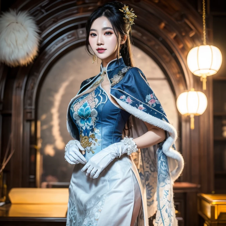 highres,absurdres,masterpiece,best quality,original,extremely detailed CG,extremely detailed wallpaper,perfect lighting,standing on the stage,looking at viewer,blurry background,bare hands,1girl,guqinghan,cangyugezhu,chinese clothes,china theme,blue dress,white lace trimgloves,fur trim,side slit,cape,shawl,