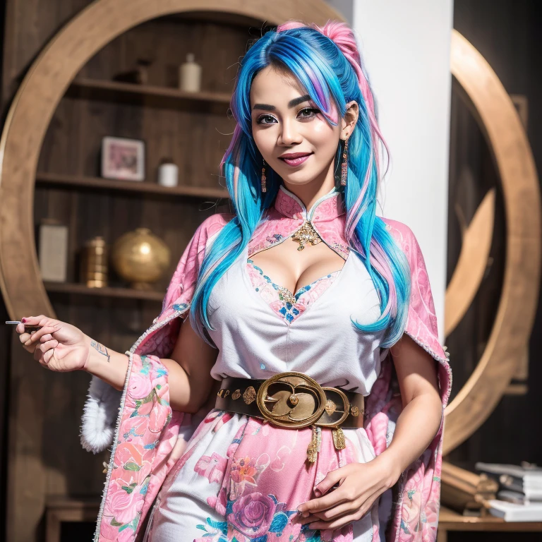 highres,absurdres,masterpiece,best quality,original,extremely detailed CG,extremely detailed wallpaper,perfect lighting,standing on the stage,looking at viewer,blurry background,bare hands,1girl,guqinghan,cangyugezhu,chinese clothes,china theme,blue dress,white lace trimgloves,fur trim,side slit,cape,shawl,, (((wearing a Sexy belt design by LV))) Surreal full-body figure, Beautiful and delicate body and face, gorgeous figure, ssmile, Titillating，Surreal full-body figure，Beautiful and detailed body and face, Super vista, White skin of the, vivd colour,🔥8k, (masterpiece), (((highest quality)), (super detailed), 2 girls, (iridescent hair, colorful hair, half blue and half pink hair: 1.2), 38 years old, (Gorgeous Malay Girls: 1.2), outdoor, bangs, smile, sky blue eyes, perfect hands, perfect hands, hand details, corrected fingers. Earrings, Night Store + Background, looking_at_viewer, Cowboy Shot, Top Quality, Rich Detail, Perfect Image Quality, big breasts, slender body