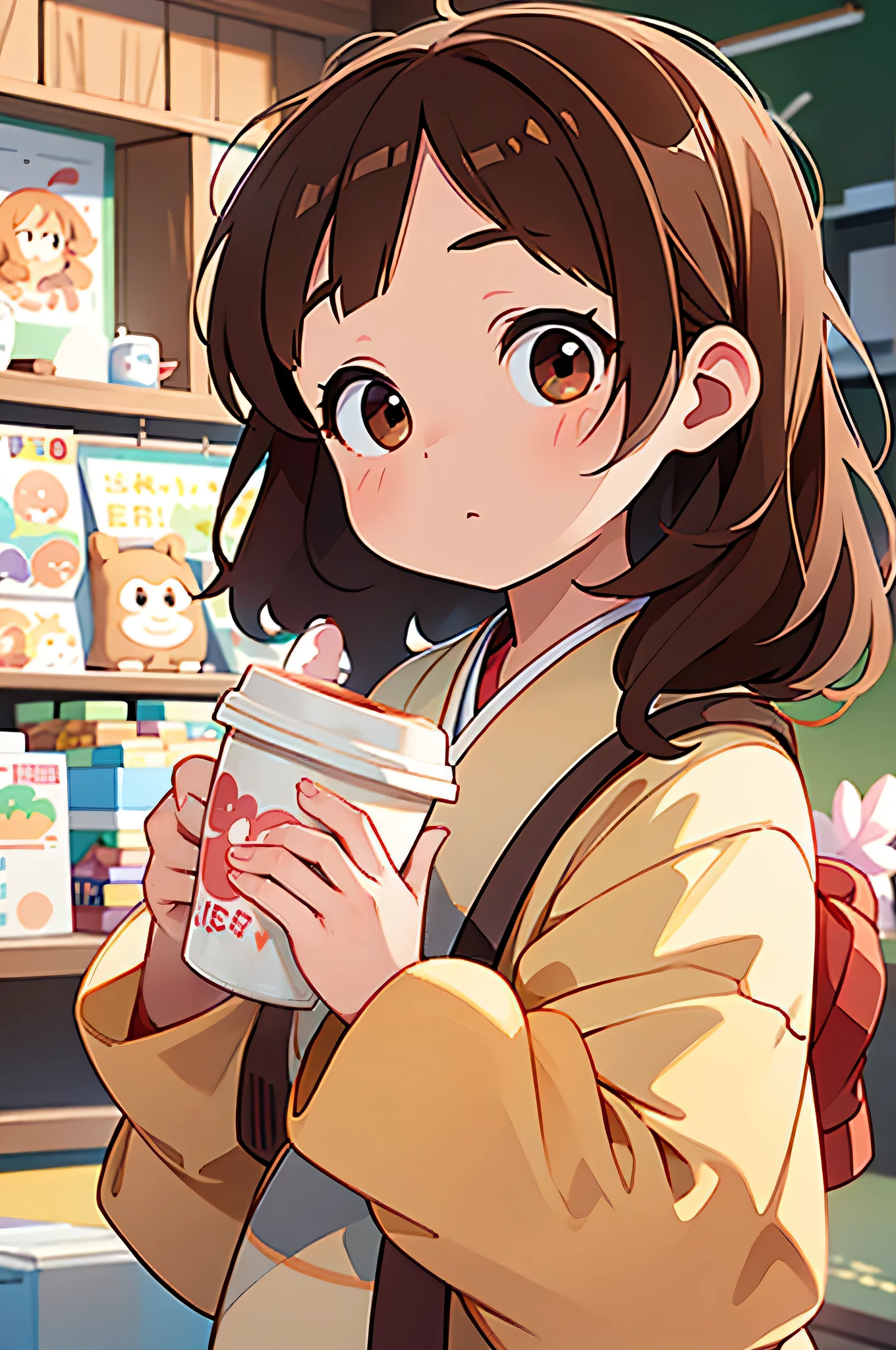 Anime girl holding a cup of coffee in front of a store - SeaArt AI