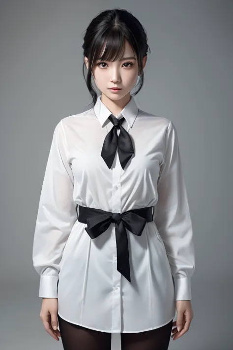 (1 girl), japan at 25,black medium hair, great face and eyes, black tie,white shirt,((highest quality)), (very detailed), (very ...