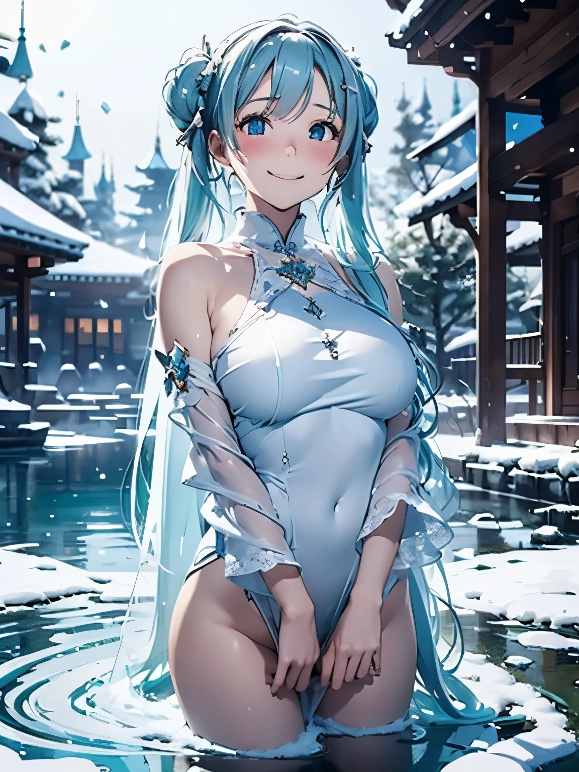 (masterpiece、highest quality、highest quality、Official Art、Beautiful and beautiful:1.2)、(One girl:1.3)Hatsune Miku、Twin tails,Big Breasts,masterpiece, highest quality, Very detailed, water colored pencils, whole body, Gradation, Focus on the background, holy place, winter, pretty girl, One girl, alone, Princess, Beautiful white hair, Beautiful white eyes, Beautiful Eyes, White skin, Crown, A light smile, Glitter effect, ice effect, Snow effect