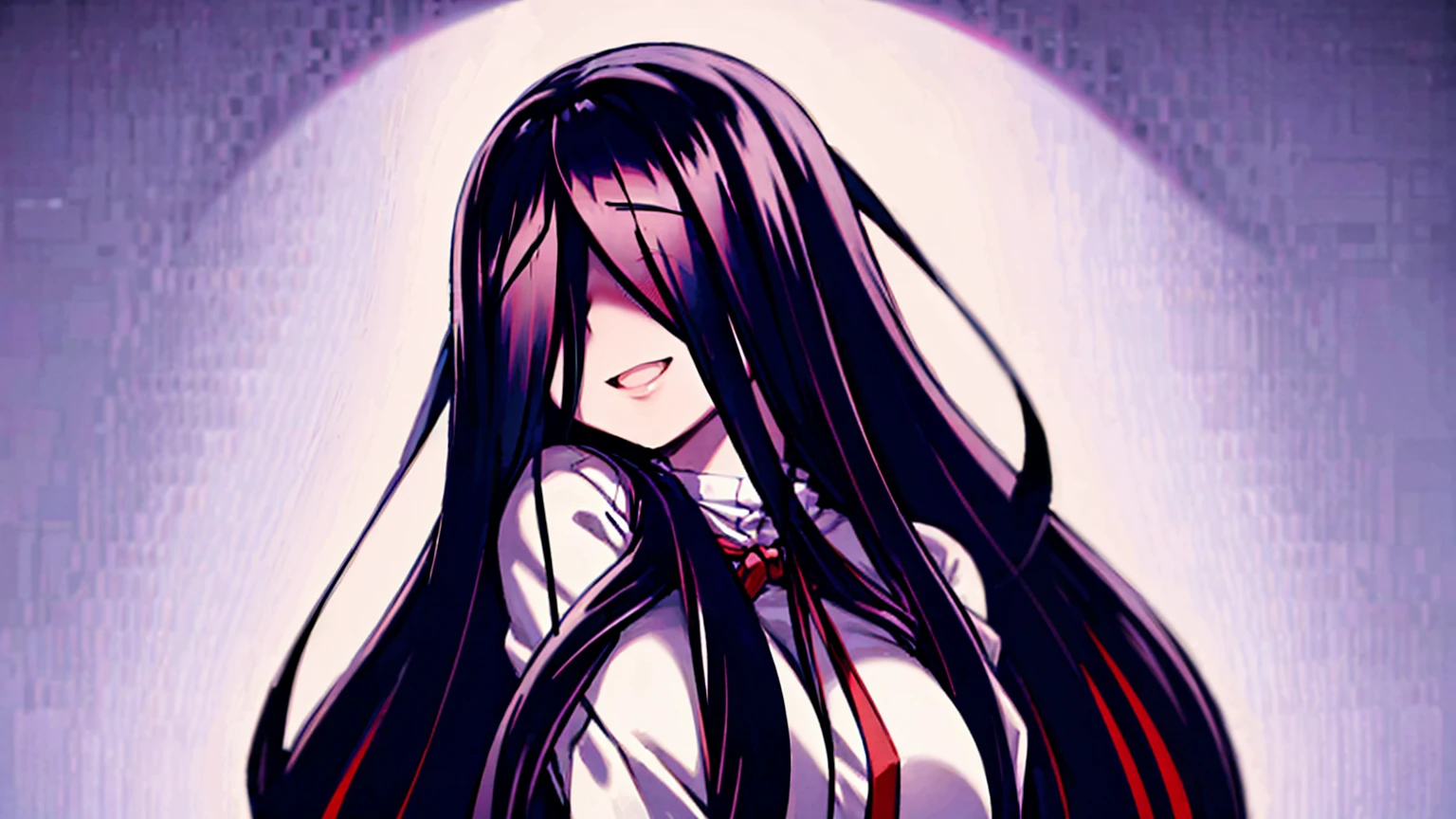 Yamamura Sadako long hair red eyes hair covering eyes red face white  clothes smi - SeaArt AI