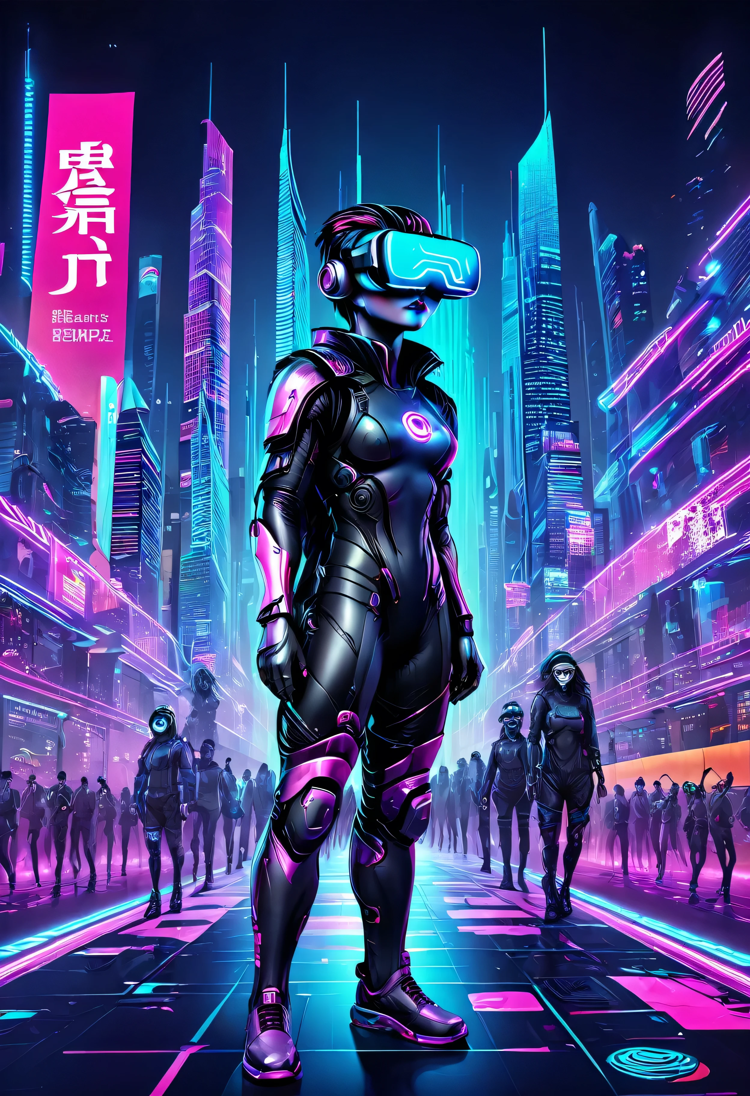 National Day Event，national day，VR poster，VR headset，figure，City，holograph，cyber punk perssonage，Event poster
