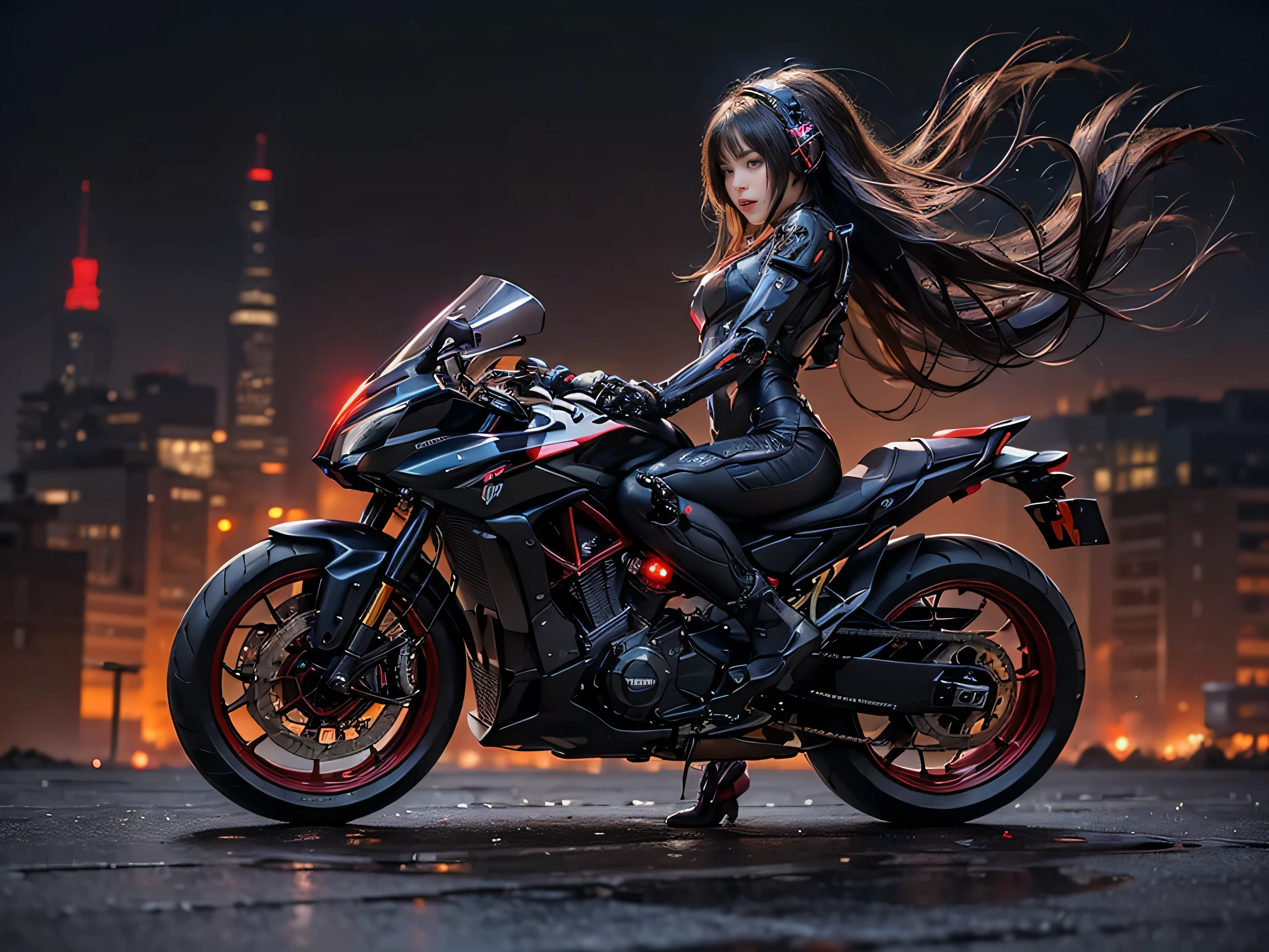 (RAW quality:1.4), masterpiece, highest quality, High resolution, dark_Fantasy, cyber punk, (Sword Weapons,red:1.1),1 person, Japanese women, 14 years old, mechanical,Robotic presence,Cybernetic Guardian, darkness, Night city background, at night, cyber punk mecha humanoid black and red  is riding  a futuristic Ducati Panigale V4 race motorcycle on a mountain road at night, Realistic Style, Inspired by Blade Runner, Dark and dramatic lighting, Red and Black Theme, Central curve composition, Rear view. (An ultra-fine masterpiece:1.5), (beautifuly intricate:1.5), (highest quality:1.5), (beautiful + beautiful + Harmonious:1.5), (Highly detailed face, Ultra-detailed eyes, Highly detailed mouth, Super-detailed body, Very fine needles, Very elaborate clothing, Ultra-detailed landscapes:1.5), (Sharpen details:1.2), Blurred Background, Shallow subject depth,