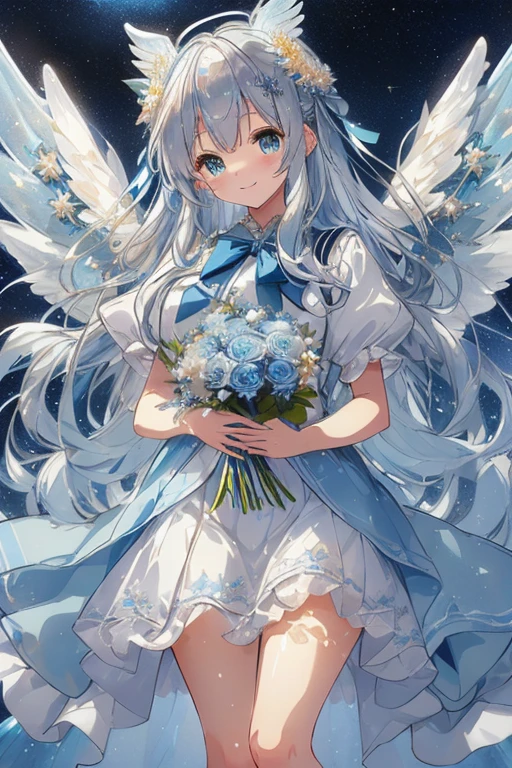 Un ángel súper hermoso al estilo del anime moe con grandes ojos redondos de color azul verdoso y brillantes y un aura suave y gentil.. cuerpo completo. sonriendo con la boca abierta. Lleva un gran ramo de flores que no se puede sostener con ambas manos.. Ella lleva un esponjoso, elaborar, lindo uniforme de marinero con muchas cintas, cordón, y volantes en tonos azules, decorado con adornos delicados y detallados. Su cabello es una malla ondulada plateada y azul claro.. (Lleva alas de ángel translúcidas de color azul claro y brillantes y un anillo de ángel..) (El fondo es una ciudad espacial.). Ella está rodeada de brillantes, polvoriento, luces que brillan suavemente. La ciudad espacial y la escuela contribuyen a la atmósfera de un lugar mágico., fantasía mágica. ((Dibujos lineales bellamente detallados y de la más alta calidad.)).