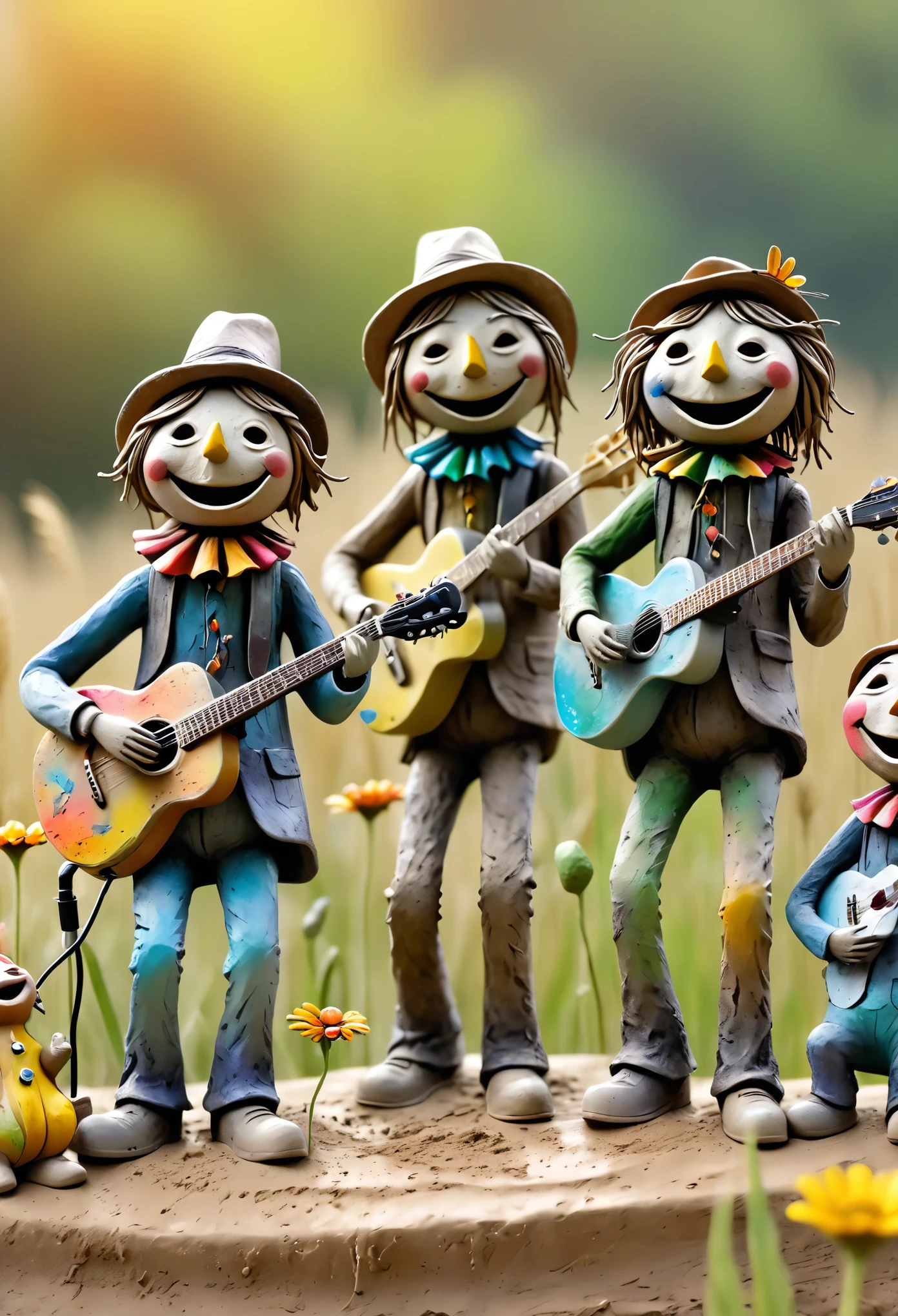 (best quality:1.2),ultra-light Clay, Clay, Pottery,  distressed, dirty, mineral pigments, 3D Clay sculpture art, Clay sculpture, Rough surface, (artwork，A band of scarecrows singing in the field。Holding the microphone，Guitar，saxophone，Long legs，Interesting concept art,)，Colorful butterflies in the air,Bokeh，Soft and beautiful picture