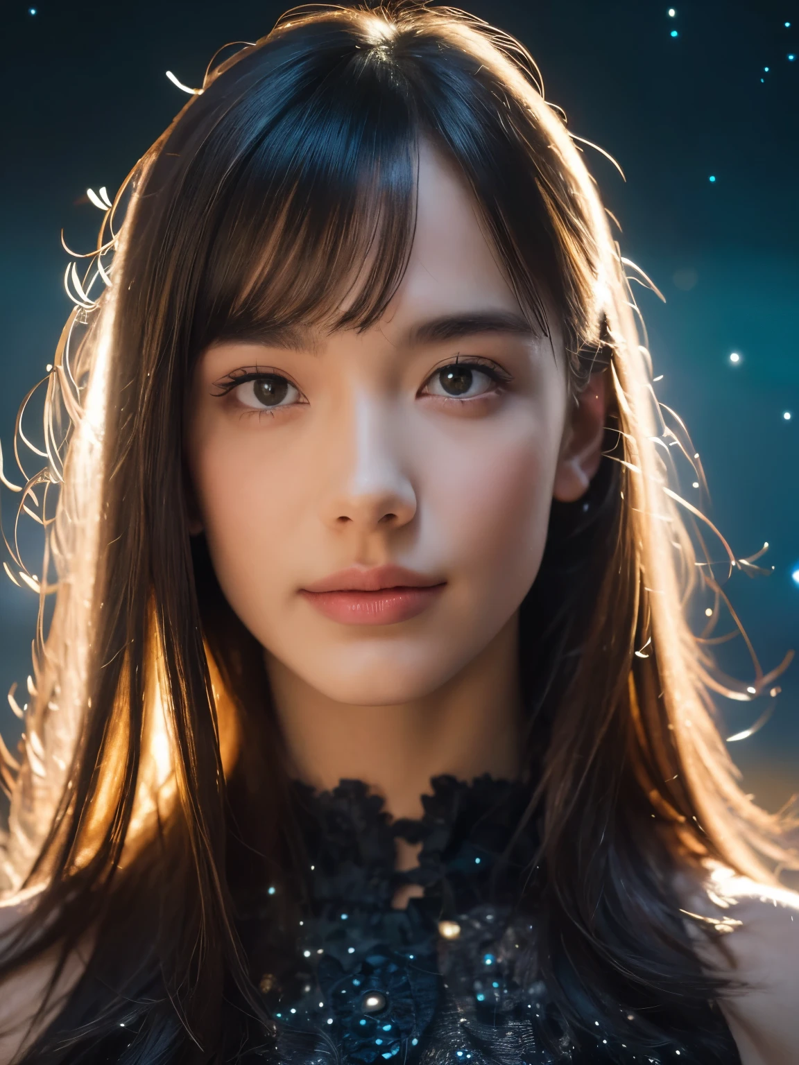 (best quality,4k,highres,ultra-detailed, photo realistic:1.37), beautiful girl with mesmerizing eyes,gorgeous galaxy viewing,sparkling stars,soft cosmic colors,ethereal atmosphere,peaceful serenity,celestial wonders,wonderful universe,stellar beauty,romantic stardust,celestial portrait,cosmic perspective,astounding cosmic art,galactic elegance,transcendent charm,celestial goddess,cosmic enchantment,cosmic girl admiring the magnificent galaxy,cosmic dreamworld,galactic reverie,cosmic masterpiece:1.2