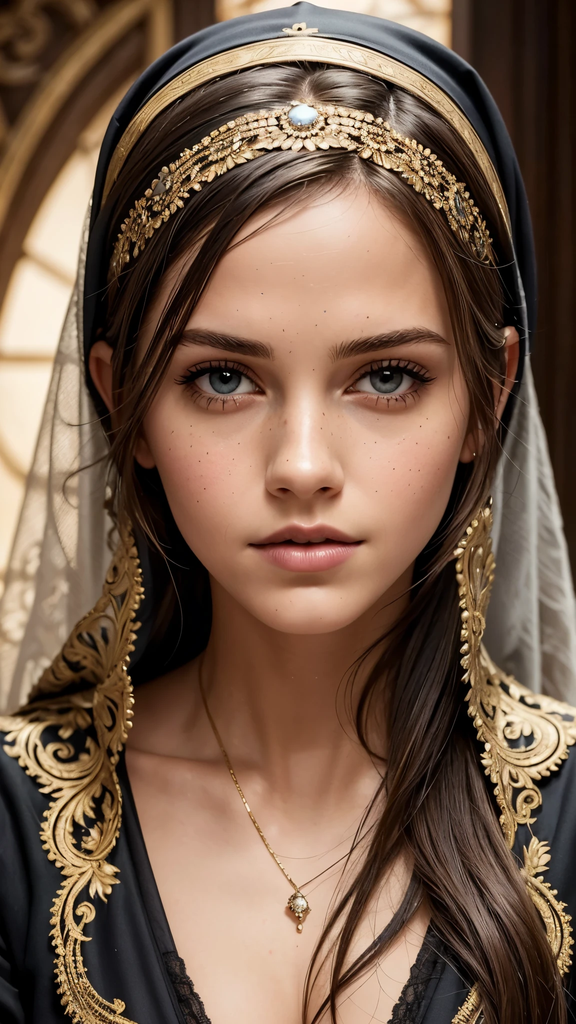 In this captivating head and shoulder portrait, Emma Watson and Jenna Ortega is depicted as a seductive nun with a rebellious spirit. Her alluring expression and provocative pose exude a sensuality that contrasts strikingly with the religious purity represented by her vibrant nun attire and habit. The lighting is soft and romantic, casting golden hues on her beautiful detailed eyes and lips as well as her delicate, intricately textured skin. A hint of mystery lies beneath her subtle smile, and the delicate balance between temptation and playful innocence is palpable. The composition of the image is dramatic, with a classic oil painting style that accentuates the intricate details of her flowing lacy veil, elegant