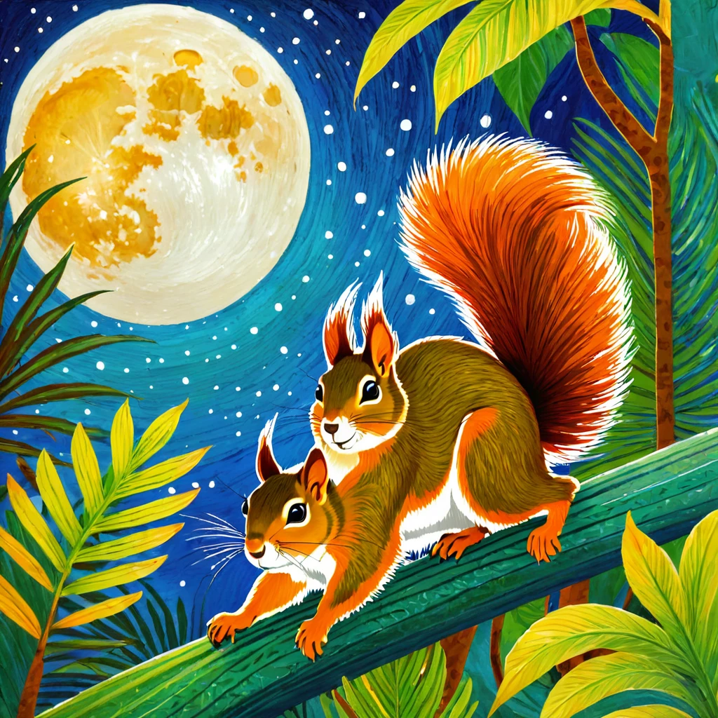 Peinture naïve inspirée par Halyna Kulaga et Laurel Burch représentant une belle écureuil fille dans la jungle, feuillage tropical, une lune colorée, traits gras, texturé.

