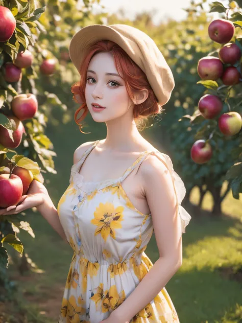 arafed woman in a floral dress and yellow hat standing in an apple orchard, standing in an apple orchard, wearing a french beret...