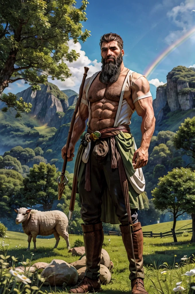 man with a white beard holding a shiny staff on a background of green cokinas and rainbows with a sheep pasture in the background with some trees making up the photo composition