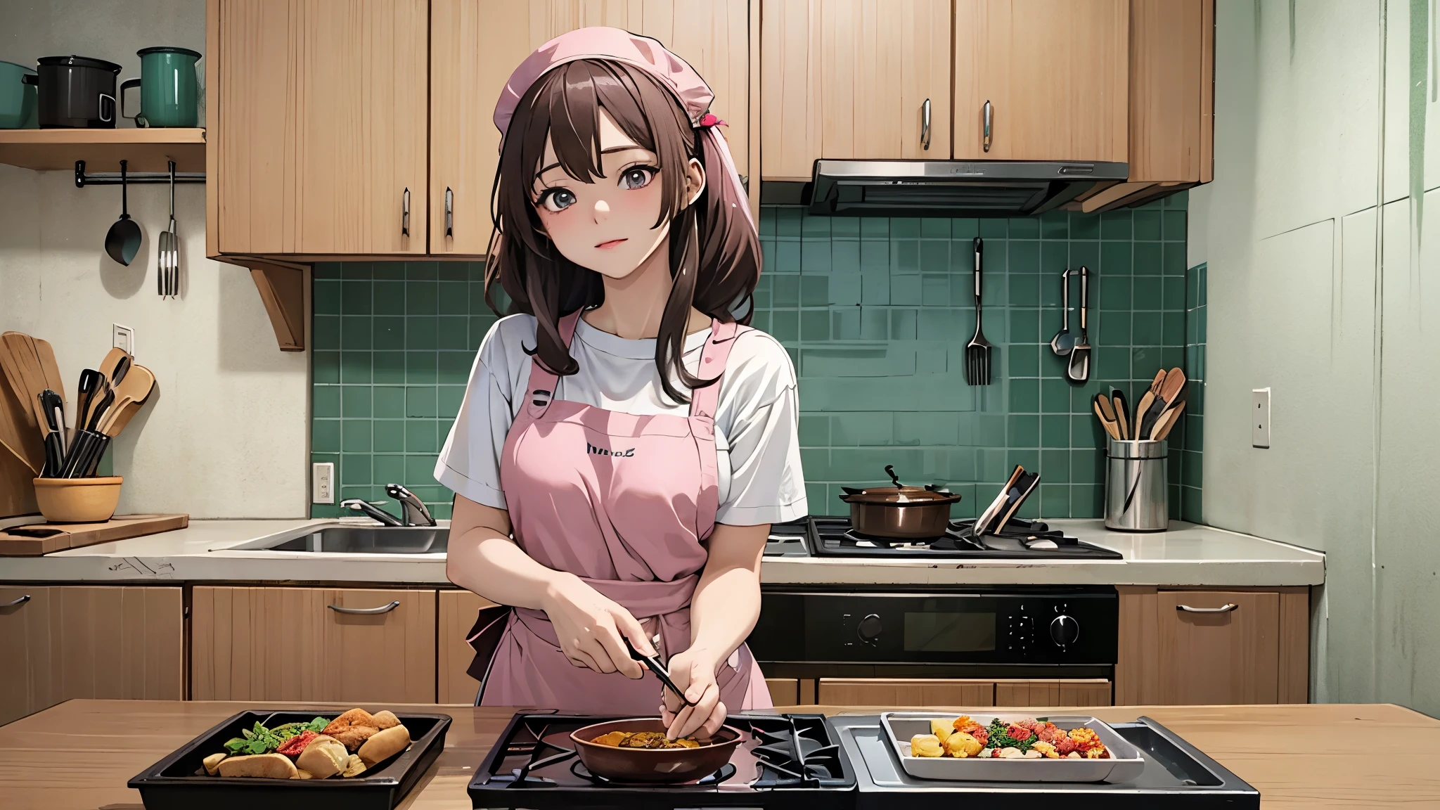 kitchenで料理をしているアニメの女の子, 昼間のkitchen, Anime Style 4k, Girl in pink apron, kitchen, anime art wallpaper 4k, anime art wallpaper 4k, Anime Art Wallpapers 8K, LOFI Girl, 昼間のkitchen, She is wearing a white T-shirt under her pink apron., Summer concept art, Digital anime illustration, Anime atmosphere, 4k anime wallpaper