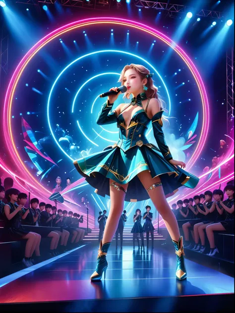 (Vision:1.8)，1girl, concert，(audience:1.5), (Idol stage:1.5)，1 beautiful young female idol, Wearing futuristic costumes, (((micr...