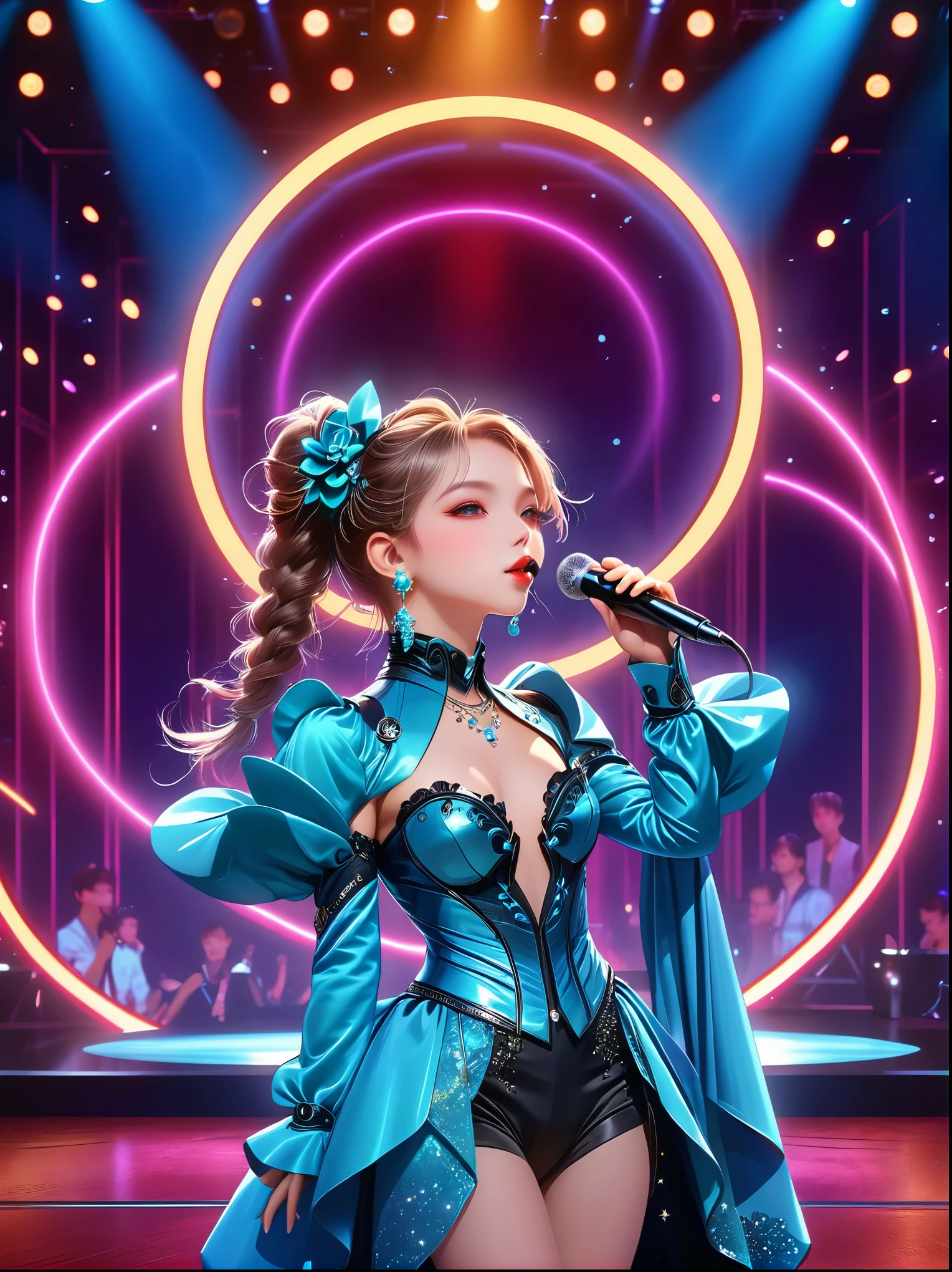 (Vision:1.8)，1girl, concert，(audience:1.5), (Idol stage:1.5)，1 beautiful young female idol, Wearing futuristic costumes, (((microphone)))，(Singing on the Idol stage:1.6), futuristic stage, (complex stage design:1.3), (Mechanical stage elements:1.5), Dreamy atmosphere, Starry sky background, (lunar backdrop:1.5), shining lights, Neon embellished, The stage is filled with smoke，Lights focus on people，It creates a mysterious and charming atmosphere，Even more attractive against the shadow background，Laser shows and moving stage effects complement the pulsating neon lights，Create a vibrant performance atmosphere，The stage floor is gleaming，The crowd was enthusiastic，Warm atmosphere，Eye-catching stage design，Full of technology，World-class production standards，Bringing a modern entertainment experience，Music and images blend perfectly，Demonstrating artistic expression and musical talent，The charming stage style makes people intoxicated，Best quality，8K, high resolution，masterpiece，Photorealistic effects，(Watching the Idol stage from a distance:1.6)，((Stage scene in telescope))