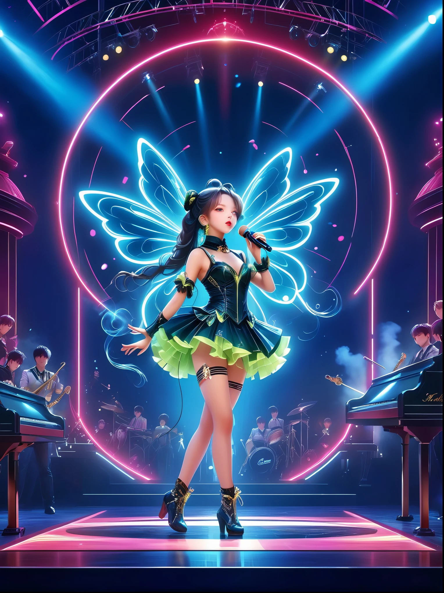 (Vision:1.8)，1girl, concert，(audience:1.5), (Idol stage:1.5)，1 beautiful young female idol, Wearing futuristic costumes, (((microphone)))，(Singing on the Idol stage:1.6), futuristic stage, (complex stage design:1.3), (Mechanical stage elements:1.5), Dreamy atmosphere, Starry sky background, (lunar backdrop:1.5), shining lights, Neon embellished, The stage is filled with smoke，Lights focus on people，It creates a mysterious and charming atmosphere，Even more attractive against the shadow background，Laser shows and moving stage effects complement the pulsating neon lights，Create a vibrant performance atmosphere，The stage floor is gleaming，The crowd was enthusiastic，Warm atmosphere，Eye-catching stage design，Full of technology，World-class production standards，Bringing a modern entertainment experience，Music and images blend perfectly，Demonstrating artistic expression and musical talent，The charming stage style makes people intoxicated，Best quality，8K, high resolution，masterpiece，Photorealistic effects，(Watching the Idol stage from a distance:1.6)，((Stage scene in telescope))