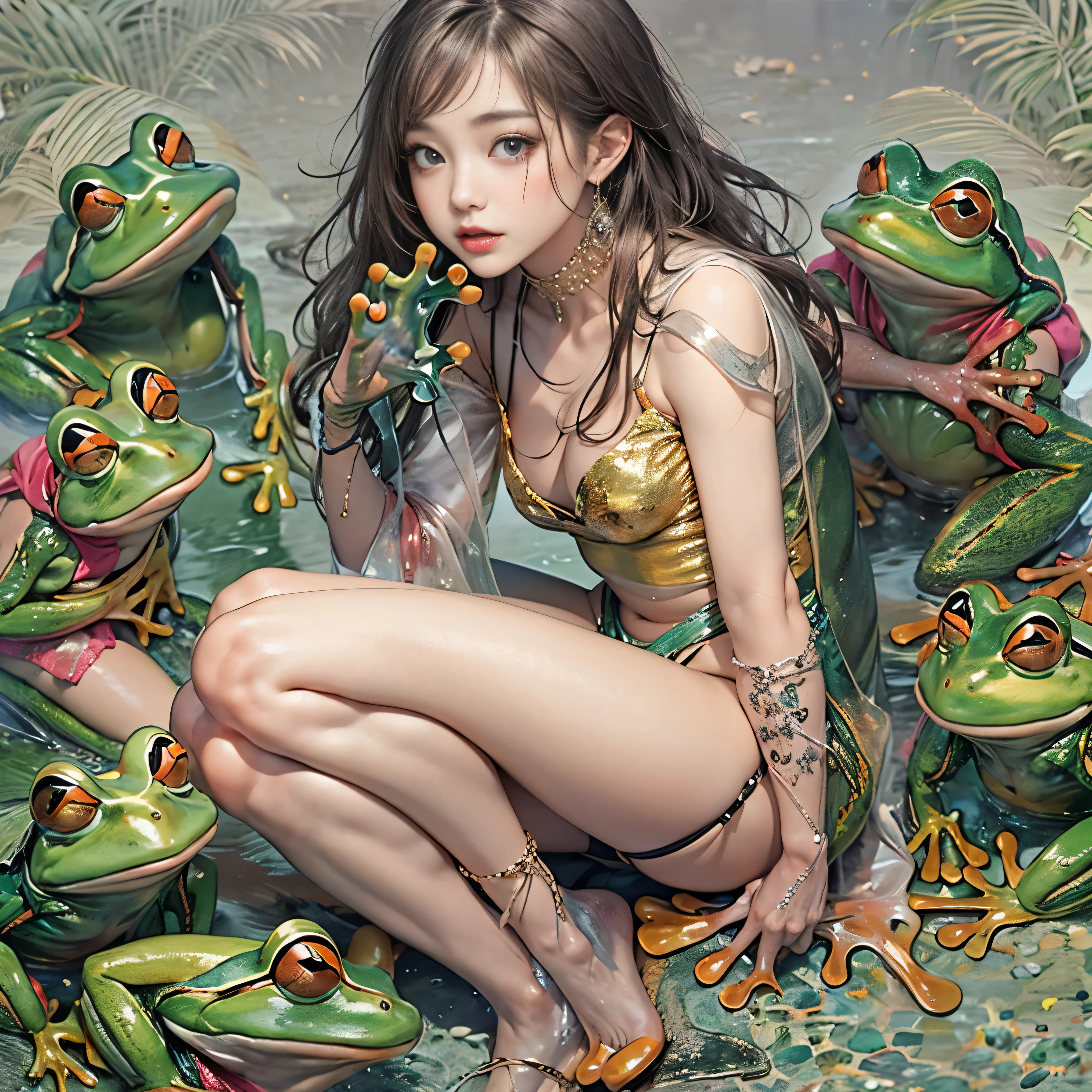 The upper body of a transcendentally beautiful young woman(A hybrid creature with the lower body of a frog:1.7)、Squats with wide legs open、Big Breasts、Full Body Portrait、grotesque、Dark fantasy、Sticky、