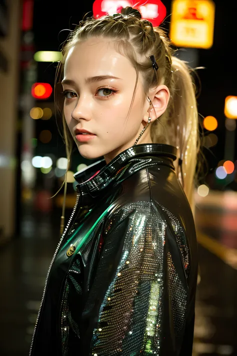 Tokyo street,night, rain, wet,cityscape,night, cyberpunk city,neon light,1girl, close-up, 8k, RAW photo, best quality, masterpie...