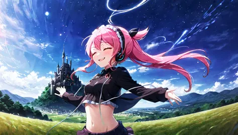 a castle floating in the distance and people in the distance with powers, pink hair, happy, headphones on listening to music and...