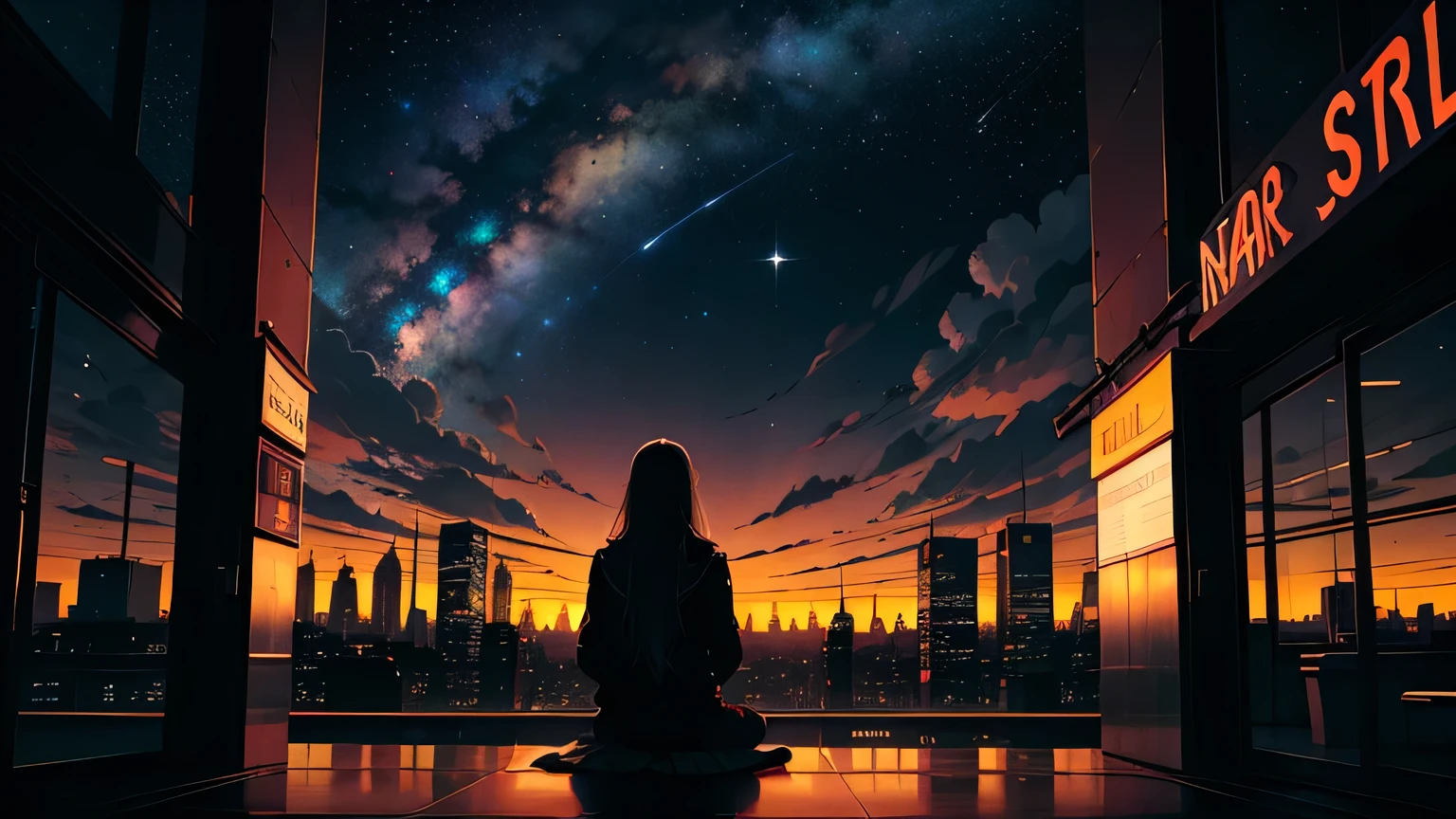 Octane, null, star (null), scenery, starry null, night, 1 girl, night null, alone, Outdoor, sign, building, cloud, milky way, Sitting, wood, Long Hair, city, silhouette, cityscape 