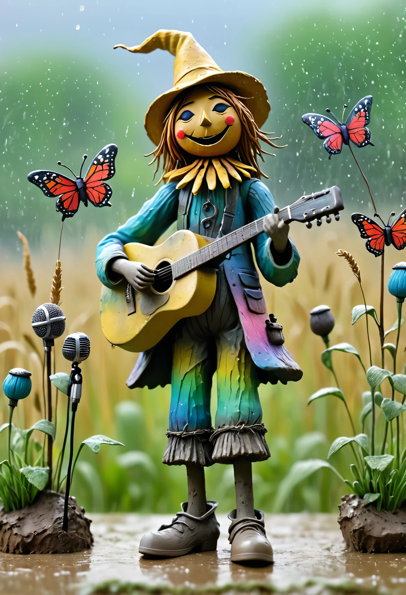 (best quality:1.2),ultra-light Clay, Clay, Pottery,  distressed, dirty, mineral pigments, 3D Clay sculpture art, Clay sculpture, Rough surface, (artwork，A band of tall scarecrows singing in the fields。Holding the microphone，Guitar，Long legs，Interesting concept art,)，Colorful butterflies in the air,Bokeh，Soft and beautiful picture，Rainy Day，dew