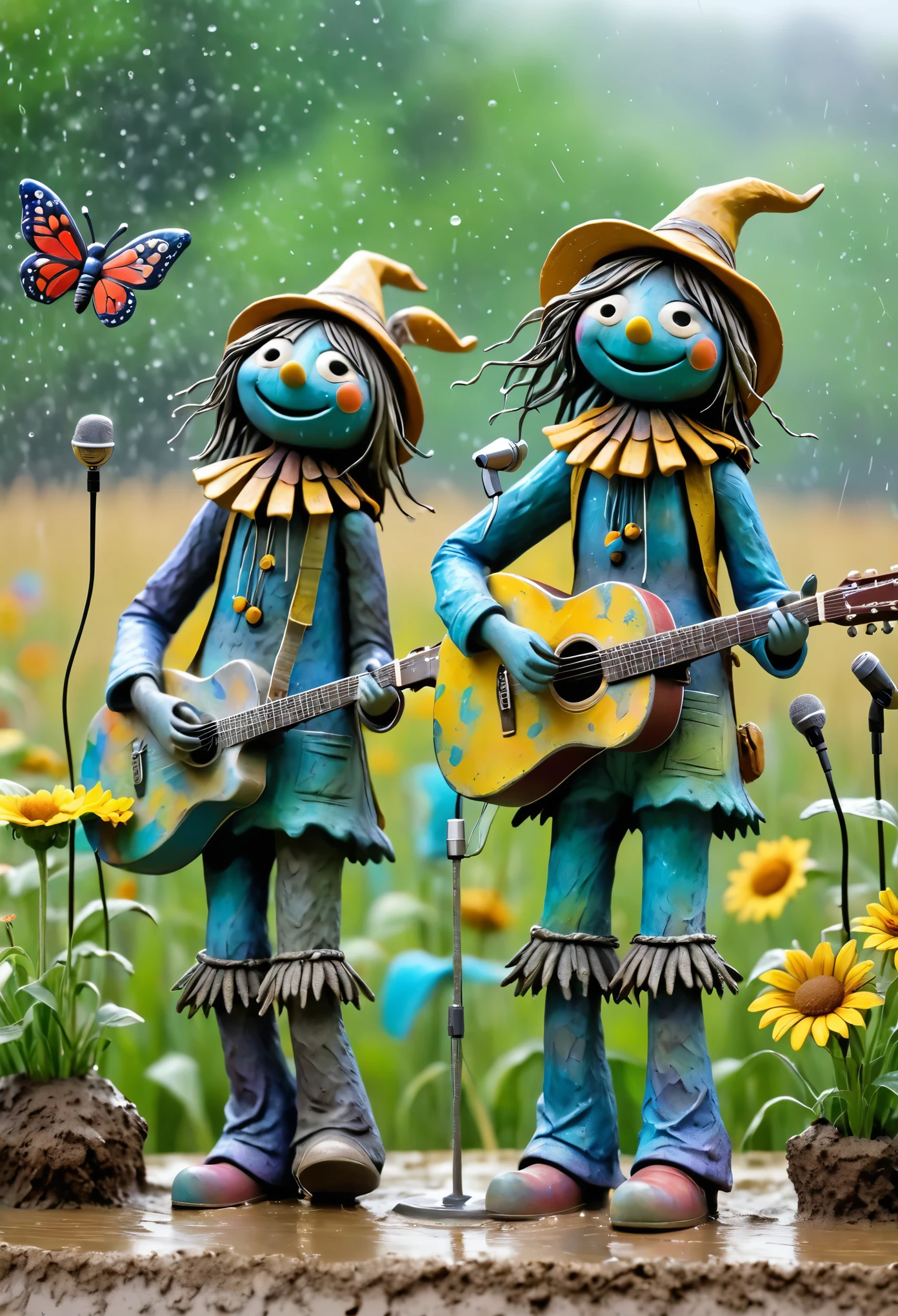 (best quality:1.2),ultra-light Clay, Clay, Pottery,  distressed, dirty, mineral pigments, 3D Clay sculpture art, Clay sculpture, Rough surface, (artwork，A band of tall scarecrows singing in the fields。Holding the microphone，Guitar，Long legs，Interesting concept art,)，Colorful butterflies in the air,Bokeh，Soft and beautiful picture，Rainy Day，dew