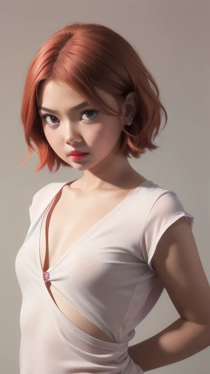 Very cute and baby-like face, Very cute and baby-like face, G-String, Angry pose, Angry face, (((MALAY GIRL))), masterpiece, High quality, UHD 45K, Realistic face, Realistic skin feeling , A Malay Lady, 8 years old, Very cute and baby-like face, (((FLAT CHEST))), (MATRIX WORLD), ((look In front  at the camera and SADNESS)), (((short red hair style))), (((CUTE GIRL))), ((PASTEL RED LIPS)), ((PASTEL SILVER BLOUSE)), ((CHUBBY)), ((UNDRESS)).