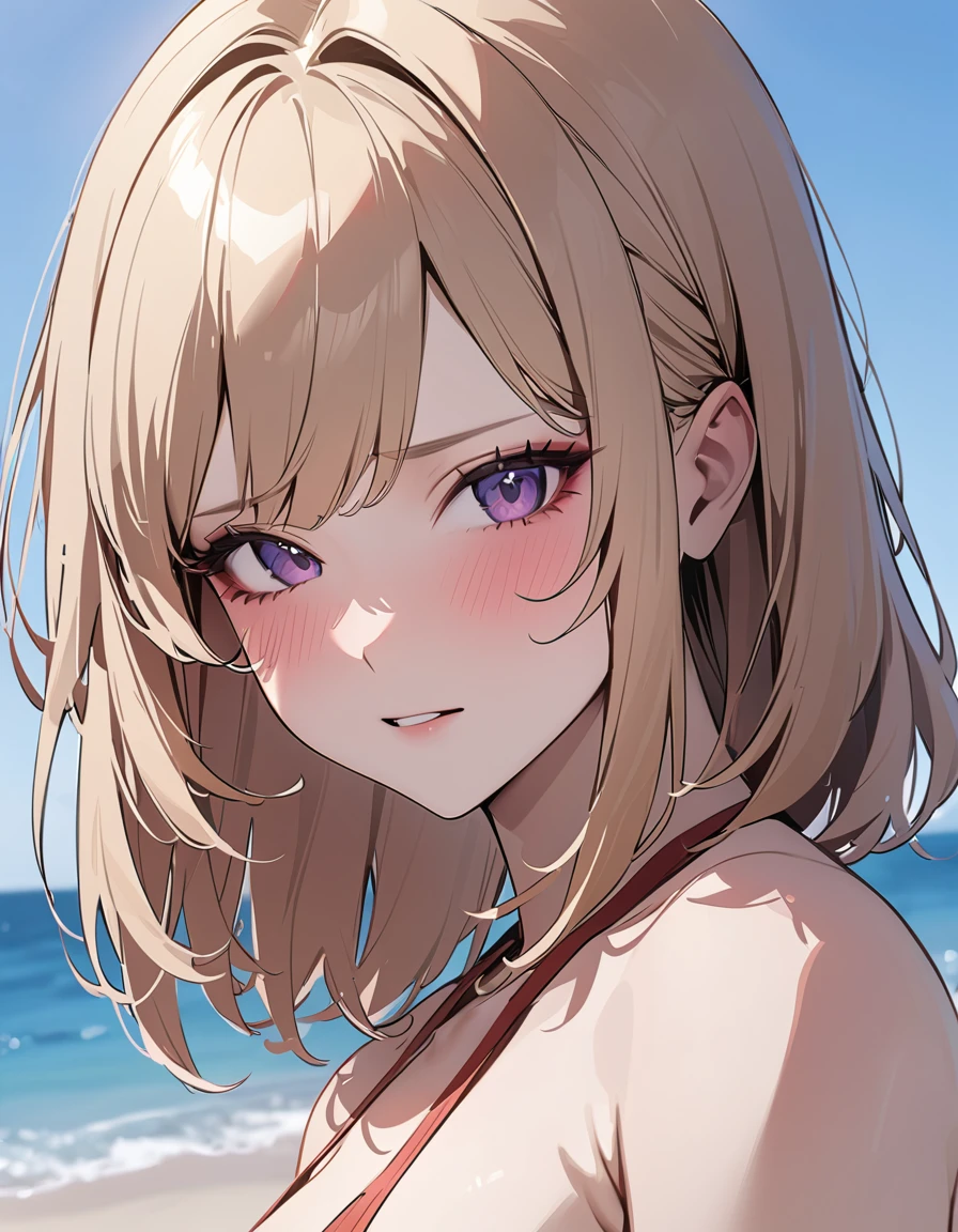 ((SFW)), solo, 1girl, cha hae-in, blushing, looking at viewer, blonde hair, purple eyes, red bikini, upper body, outdoors, standing, masterpiece, best quality, rating: general, newest 