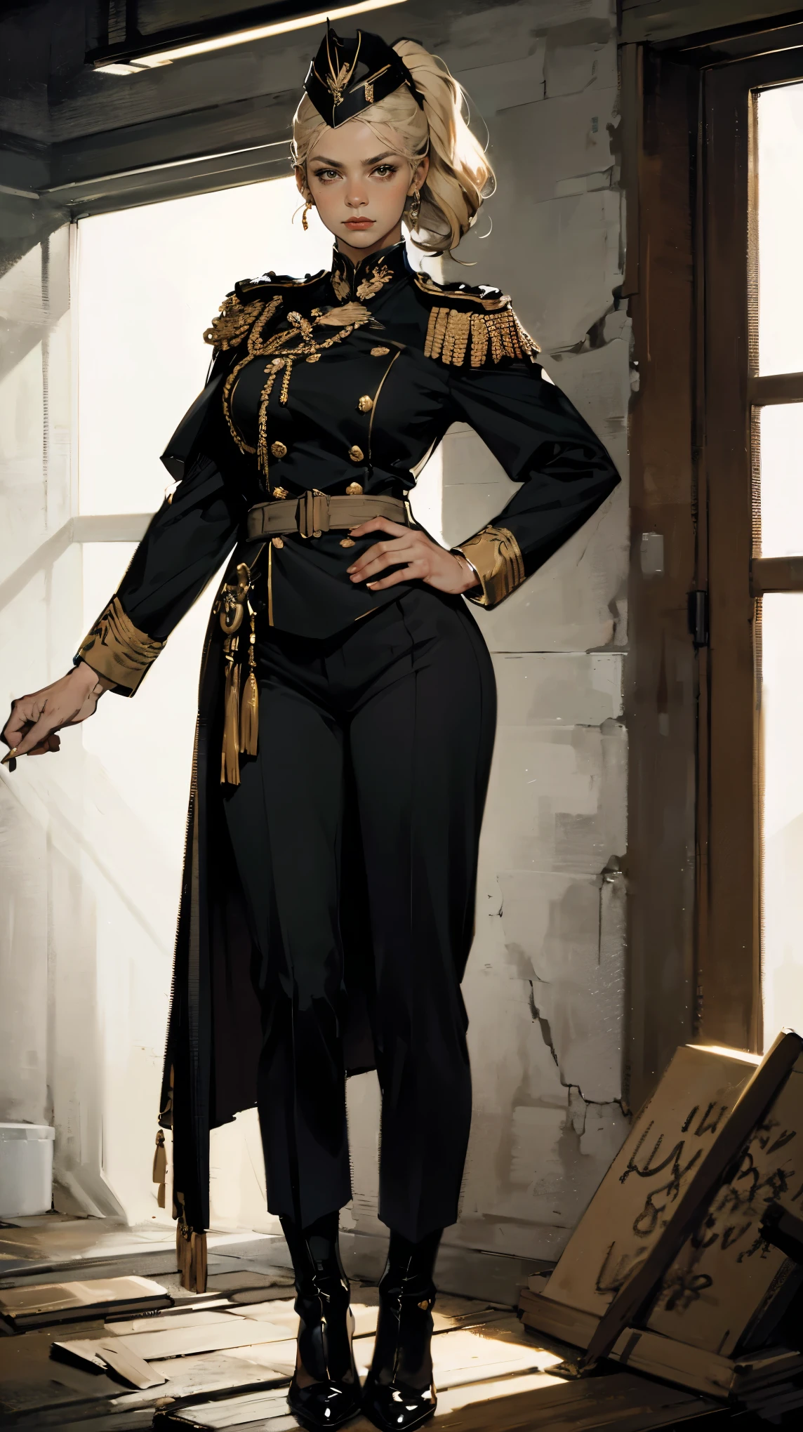 (Best quality, 4K, high resolution, masterpiece, ultra-detailed, realistic anatomy, photo-realistic:1.37), araffe attractive young woman, senior military officer, (wearing black Prussian Hussar uniform, black double breasts jacket, black trousers, and Prussian Deaths Head cap), blonde hair, high ponytail hair style, standing confidently, This full-body portrait captures her strength and authority, with sharp focus on her uniform's details and her commanding gaze, The image evokes an aura of discipline and respect, set against a military backdrop,