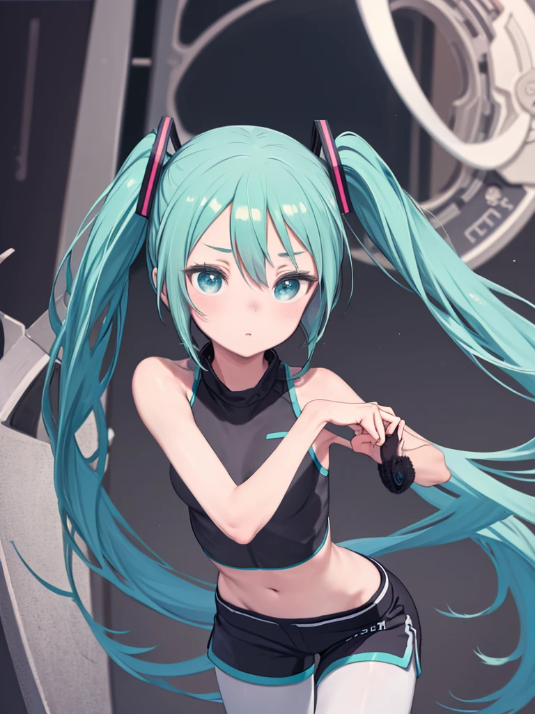 (masterpiece), (highest quality), Very detailed, High resolution, One girl, Focus Only, Skin dents,Sports Bra，Shorts，pantyhose， Perfect Face, Swollen face, Beautiful Face, Big eyes, Puffy eyes, Perfect Eyes, eyelash，Hatsune Miku，Very detailed顔，