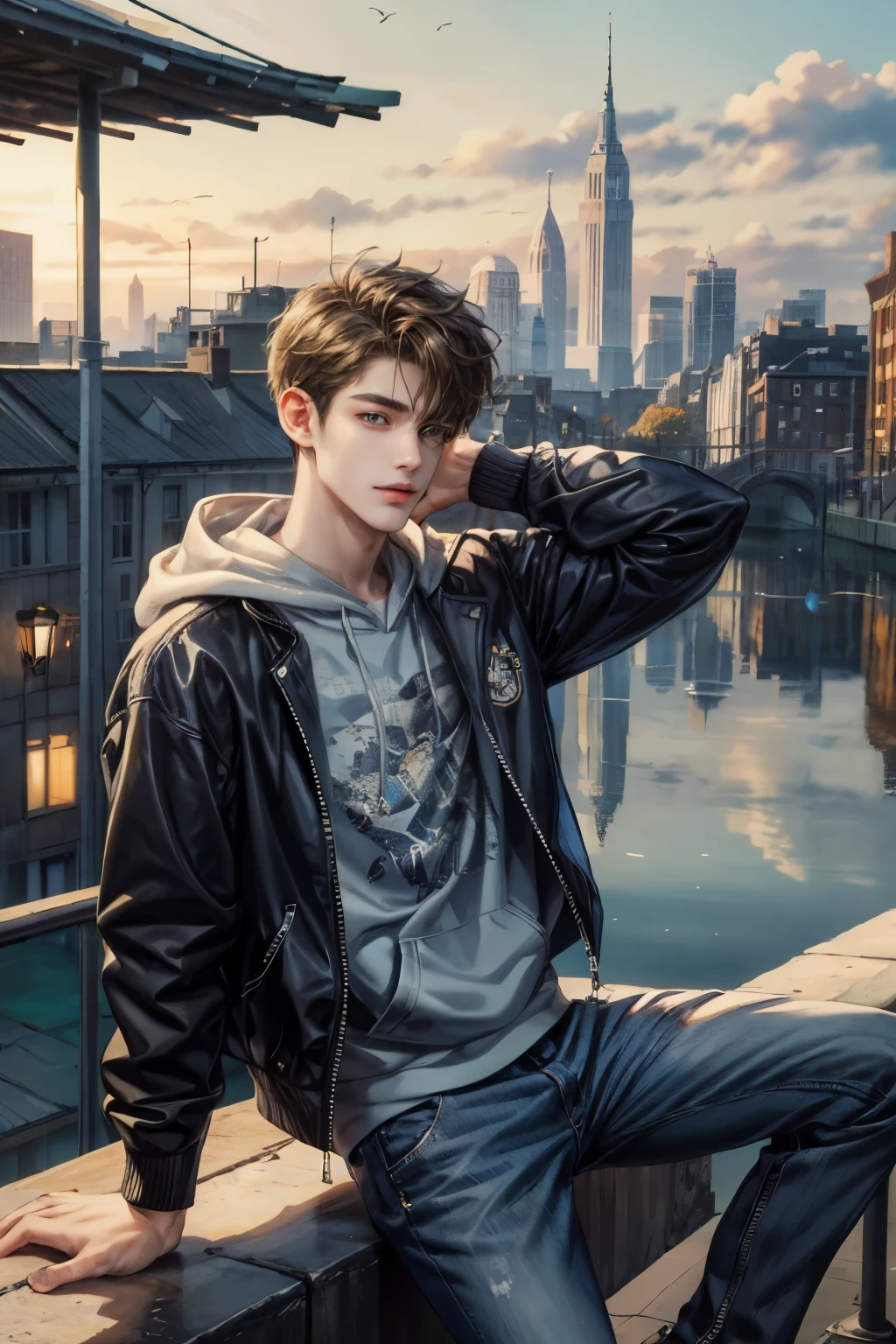 masterpiece:1.8, handsome teen boy, city boy outfit , hoodie, shirt, jacket, short pants, extremely detailed city scenery, perfect face:1.1, Looking at Viewer,