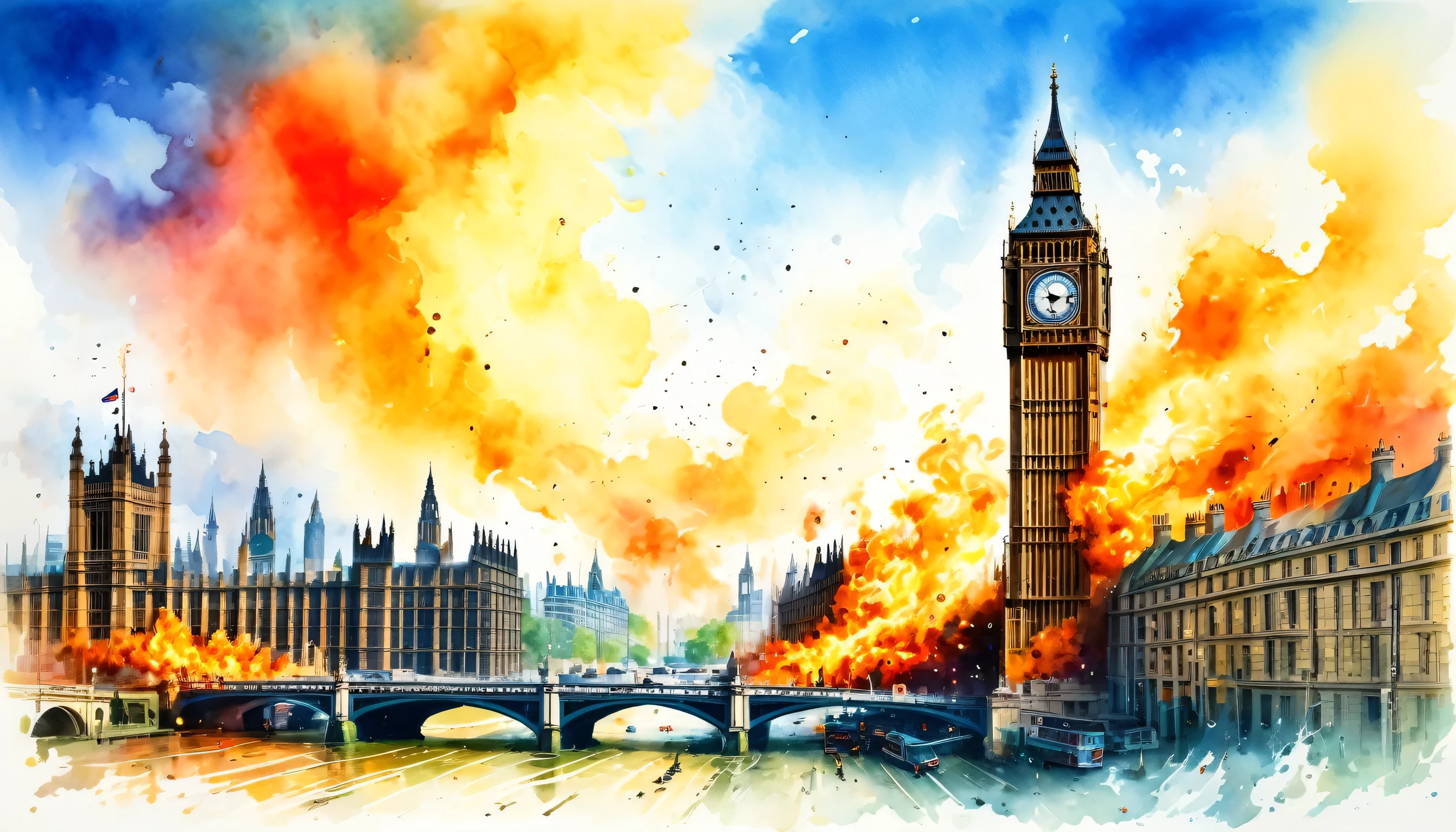 Post Apocalyptic scene, London, Big Ben clock tower on fire, buildings engulfed in flames, emitting smoke, sky filled with clouds, smoke, scenery, fire, ruins, cityscape, explosion, destruction, modern art, painting, drawing, watercolor, psychedelic colors