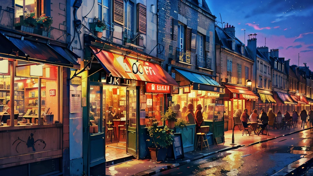 ((mais alta qualidade,8K,Ultra HD)),(obra de arte:1.2),papel de parede,cores altamente saturadas,cores lindas,Paris,Café retrô,noite,interior,lo-fi,frio,