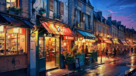 ((highest quality,8k,Ultra HD)),(masterpiece:1.2),wallpaper,Highly saturated colors,Beautiful colors,Paris,Retro Cafe,evening,in...