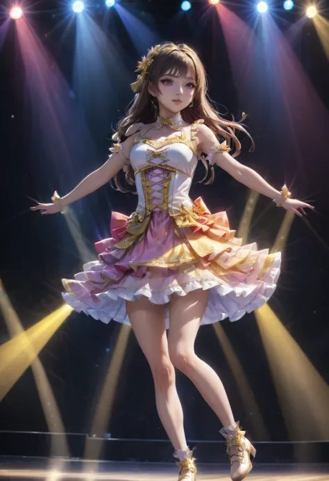 idol stage, idol dress, aesthetic, extremely detailed, masterpiece, best quality, tyndall effect, light beams, stage lights, 1gi...