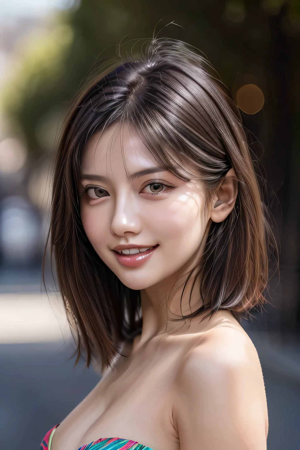 (8k, RAW Photos, highest quality, masterpiece, Realistic, Realistic), (1 female), (Ultimate beauty), Highly detailed face, (Perfect Teeth), Beautiful Eyes, double eyelid, eyelash, smile, Lip details, (Neat brunette bob), The light shines on your face, Big Breasts, ((Colorful mini dresses)), (front view), (background: none),  Background blur