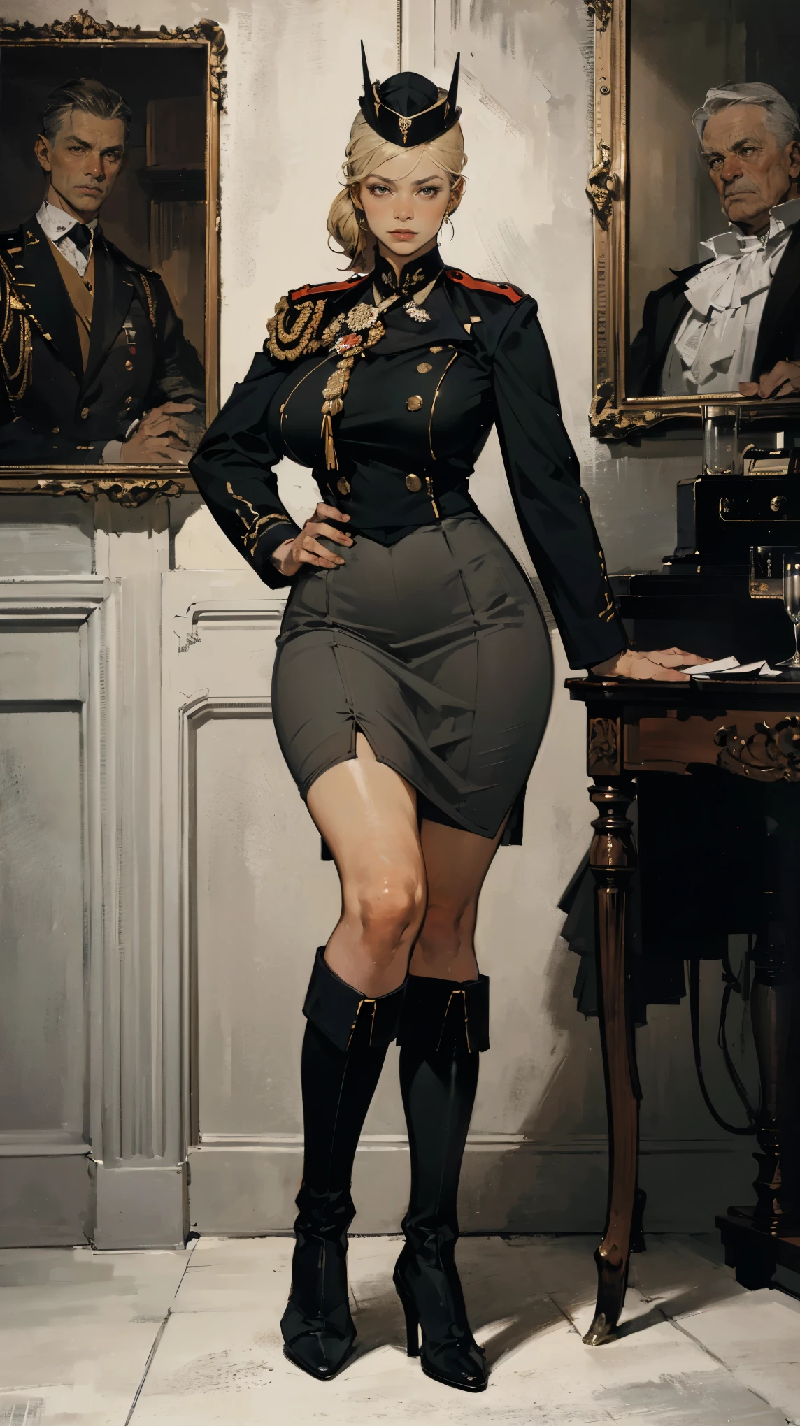 (Meilleure qualité, 4k, haute résolution, chef-d&#39;œuvre, ultra-détaillé, anatomie réaliste, photo-réaliste:1.37), Araffe jolie jeune femme, officier militaire supérieur, (portant l&#39;uniforme de hussard prussien de couleur grise, veste double boutonnage couleur grise, jupe crayon de couleur noire, et casquette tête de mort prussienne), (bottes noires à bas et talons), cheveux blond, haute queue de cheval style de cheveux, debout en toute confiance, Ce portrait complet du corps capture sa force et son autorité, avec une attention particulière aux détails de son uniforme et à son regard imposant, L&#39;image évoque une aura de discipline et de respect, sur fond militaire,