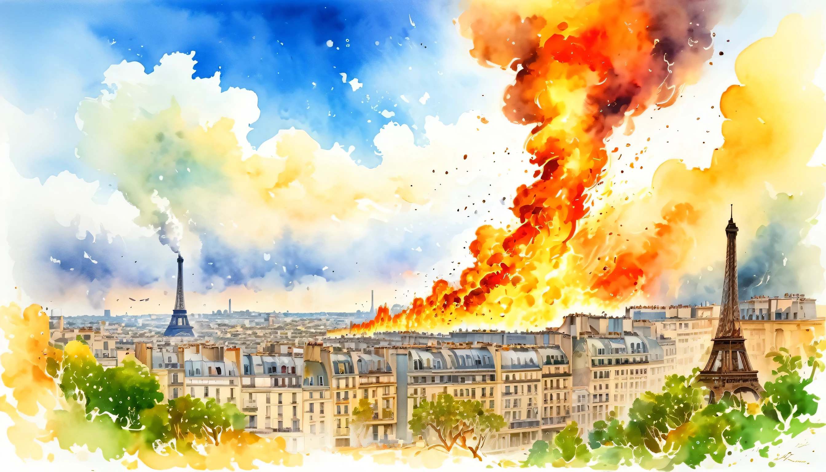 post Apocalyptic scene, Paris, Eiffel Tower on fire, buildings engulfed in flames, emitting smoke, sky filled with clouds, smoke, scenery, fire, ruins, cityscape, explosion, destruction, modern art, painting, drawing, watercolor, psychedelic colors