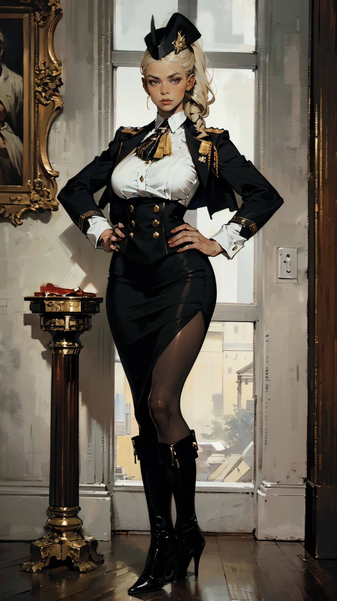 (Best quality, 4K, high resolution, masterpiece, ultra-detailed, realistic anatomy, photo-realistic:1.37), araffe attractive young woman, senior military officer, (wearing Prussian Hussar uniform, gray double breasted blazer jacket, black pencil skirt, and Prussian Deaths Head cap), (black stocking and heel boots), blonde hair, high ponytail hair style, standing confidently, This full-body portrait captures her strength and authority, with sharp focus on her uniform's details and her commanding gaze, The image evokes an aura of discipline and respect, set against a military backdrop,