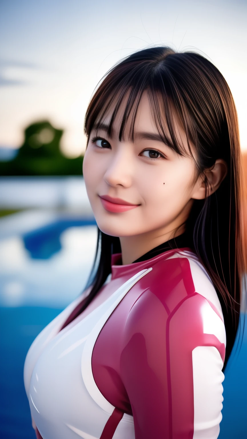 A 25 year old woman wearing a sexy dark pink and white glossy skin-tight hero suit:1.5, highest quality, High resolution, 8k, One girl, Huge breasts :1.5, Pool, (bangs,Black Hair,Medium Hair), Beautifully detailed skies, Soft lighting, Wind, Shiny skin, View your viewers, smile, Show your side