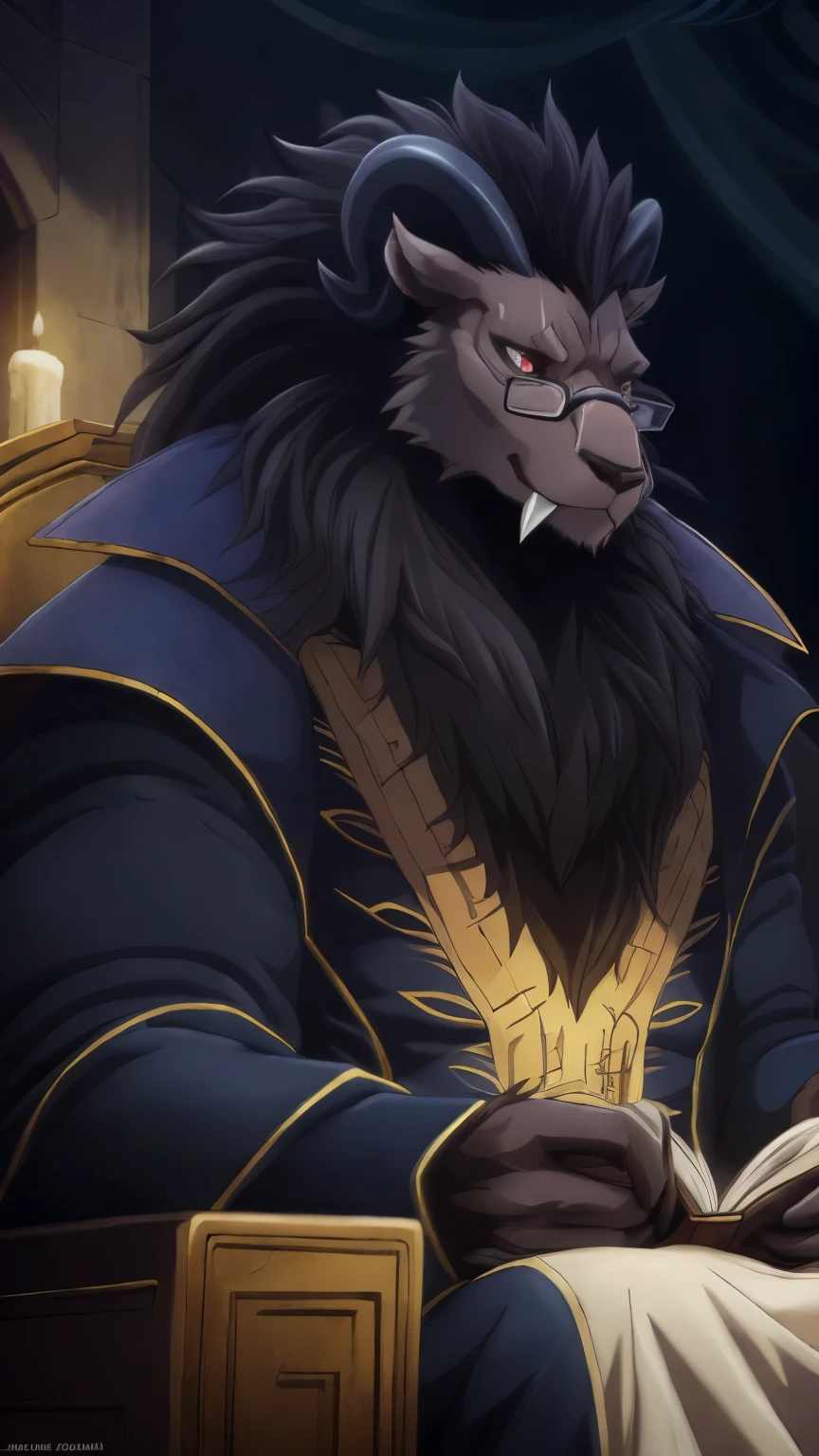 (highest quality, 32K High resolution:1.2, Very detailed, Realistic, photoRealistic, masterpiece,) Official Art, The Sacrificed Princess and the King of Beasts, Full Body View, Looking at the audience, male, good looking, Majestic Beast, Dark sienna brown fur, Black Mane, Majestic King, King Leonhard, Muscular body, Crimson Eyes, Serious look , Small ears, Curved black horns, Long upper jaw crab teeth, Wearing royal robes, Niehime kemono ou, (detailed Realistic image:1.3), (Fine grain, Beautiful and expressive eyes:1), (hyper Realistic fur:1.2), (Fur with attention to detail:1. ( Detailed face:1) Low Light: 1.2) masterpiece, highest quality, ultra Realistic ( 8k, 超High resolution, Beautiful light and shadow, Detailed faceの描写, highest quality, masterpiece, Ultra high definition, Official Art, Super detailed, Deep Shadow, Dynamic Shadows, High resolution, Profound, utra Fur with attention to detail, Maximum concentration, Depth of written boundary, Perfect lighting, Lightest particle quality, Super-detailed body, Cinematic, Sharp focus, Correct Anatomy, Right hand, The right move, Five fingers, Right Head, Detailed Background), (Leonhart is sitting in a chair、Chairs by the fireplace、Leonhart in a blue robe、Leonhart with glasses、Leonhart reading a book、night、Candles)