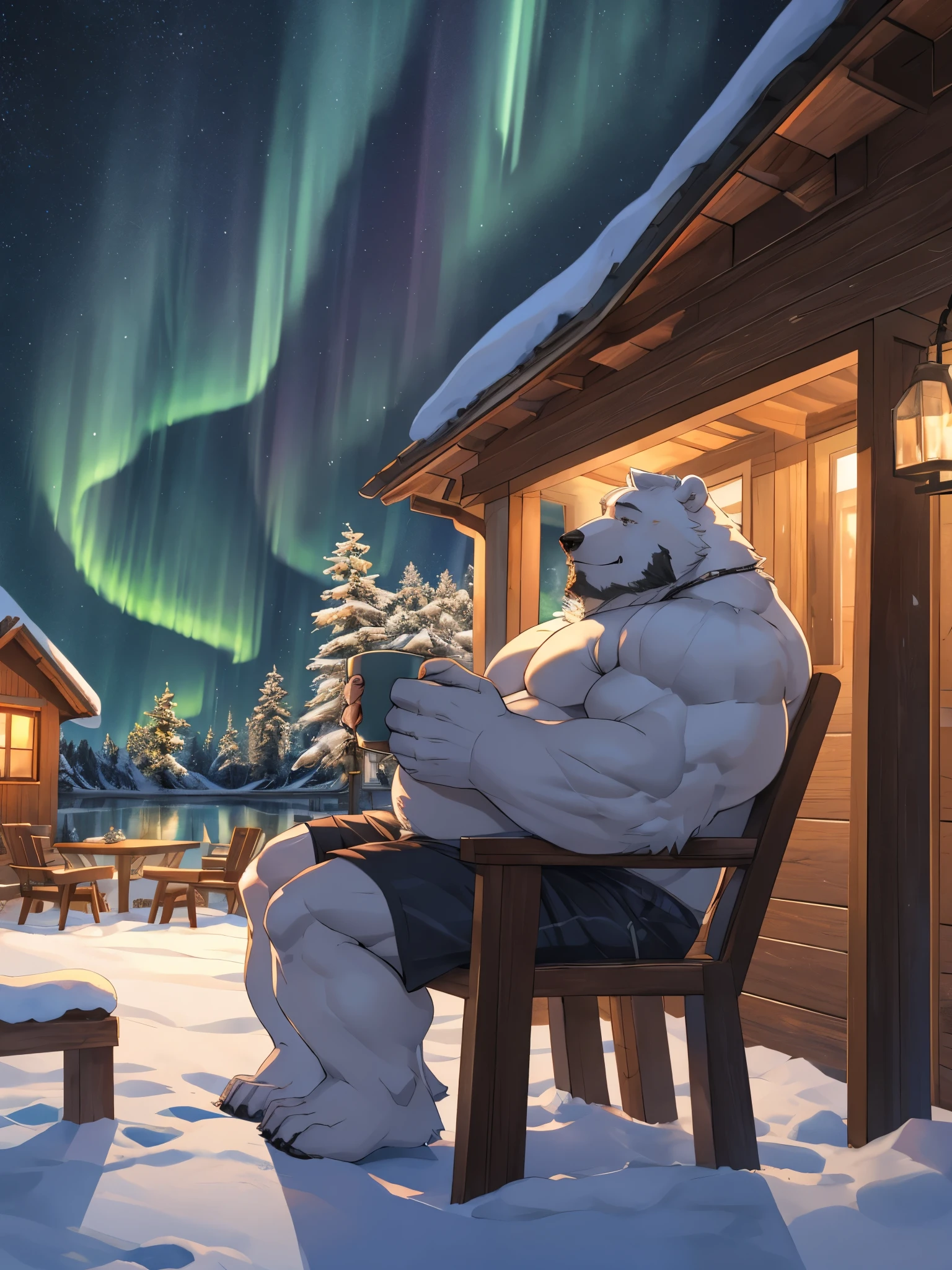 huge muscular and fat sitting in wood chair and enjoying hot coffee, big belly, snow, long beards, old man, (furry polar bear) white furr, Terrace house, wooden house, shirtless, topless, white bear, polar bear, lake, shirtless, shorts, night, aurora borealis, side view