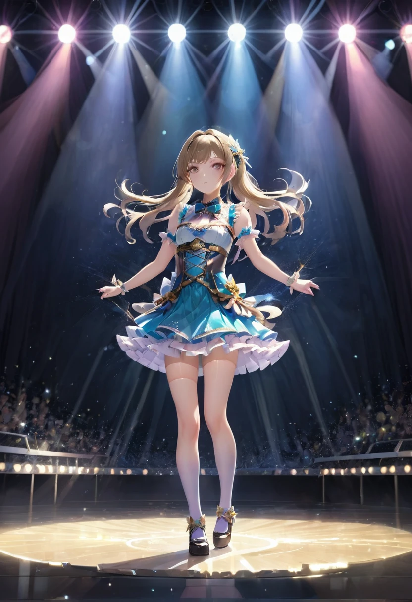 Idol Stage, idol dress, aesthetic, extremely detailed, masterpiece, best quality, Tyndall effect, light beams, stage lights, 1girl, solo, long hair, thighhighs, on stage, looking up, light scattering, volumetric lighting, spotlights, rays, atmosphere, octane render, 8k