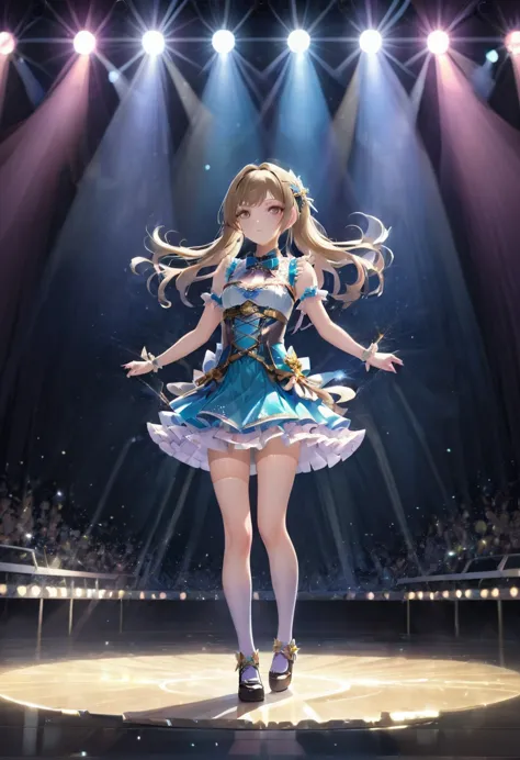 idol stage, idol dress, aesthetic, extremely detailed, masterpiece, best quality, tyndall effect, light beams, stage lights, 1gi...