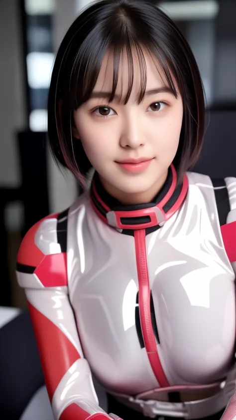 a 25 year old woman wearing a sexy dark pink and white glossy skin-tight hero suit:1.5, highest quality, high resolution, 8k, on...