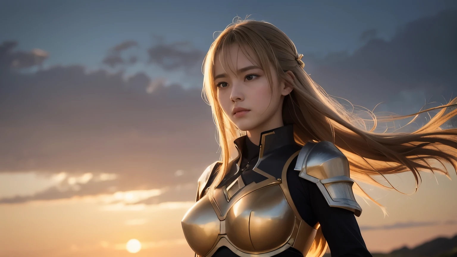 "Step into the world of Konosuba and envision a realistic portrayal of Lalatina, better known as Darkness. Imagine her standing amidst a vast, open field, the golden hues of the sunset casting a warm glow upon her armor-clad figure. Her posture is upright, yet there's a subtle tension in her stance, hinting at a readiness for battle. The intricate details of her armor catch the light, reflecting a sense of resilience and strength. But it's her eyes that draw you in – deep pools of determination, tinged with a hint of vulnerability. As the wind tousles her hair, strands of it dance gently around her face, framing features that speak of both nobility and earnestness. Despite the armor, there's a softness to her expression, a kindness that belies her warrior exterior. In the distance, the faint sounds of nature mingle with the rustle of leaves, creating a serene backdrop to this moment of introspection. You can almost feel the weight of her convictions, the inner conflict between duty and desire, as she gazes into the horizon with unwavering resolve. This portrayal captures Lalatina in a raw, authentic light, transcending the boundaries of animation to evoke a sense of realism and depth to her character." beatiful girl, perfect body, perfect face, perfect eyes, super fine body, super fine eyes, super fine face, perfect mouth, super fine mouth, blonde, kawaii