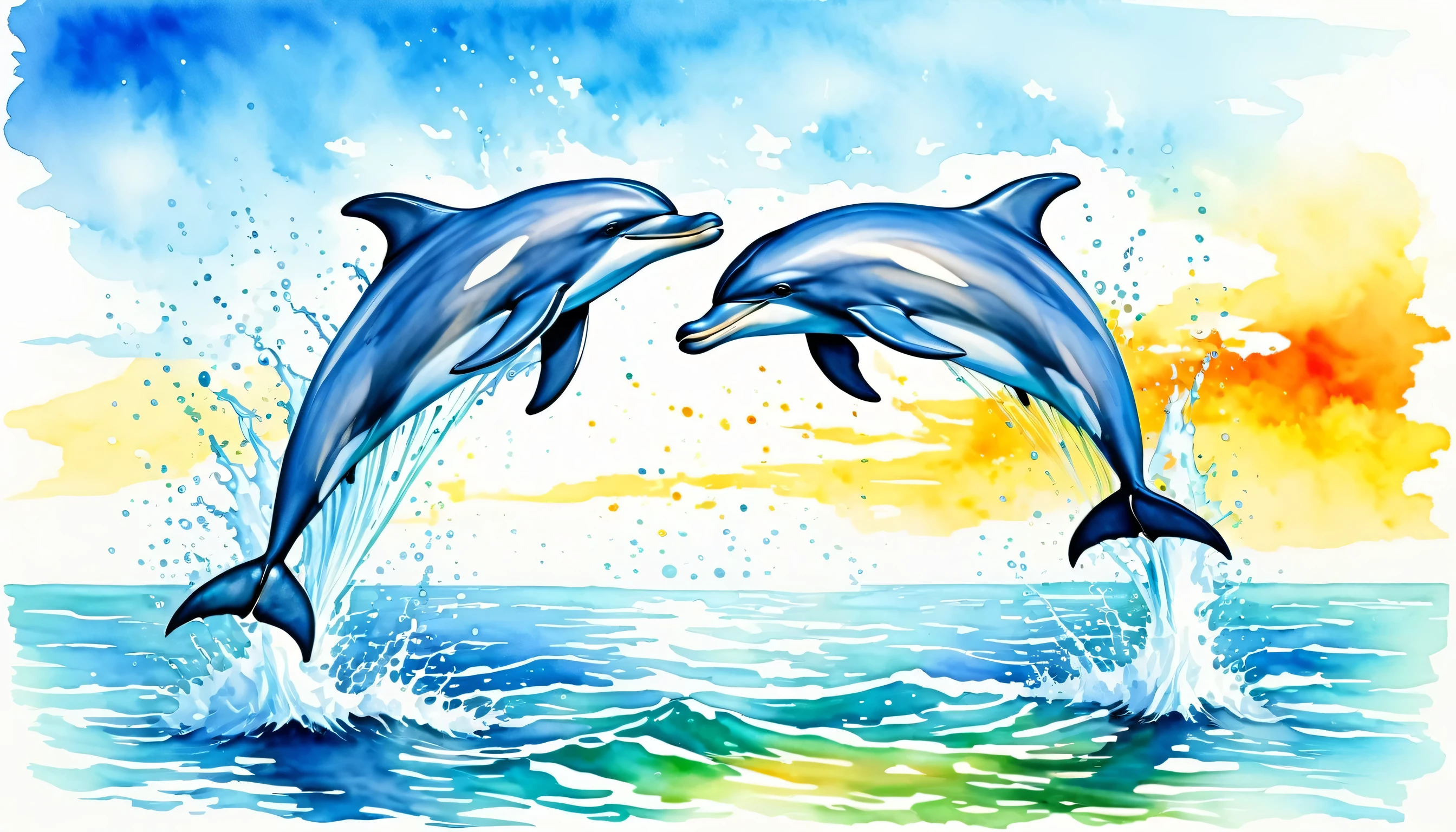 two dolphins jumping out of the water, in motion, ocean, outdoors,  horizon, splashing, modern art, painting, drawing, watercolor, psychedelic colors